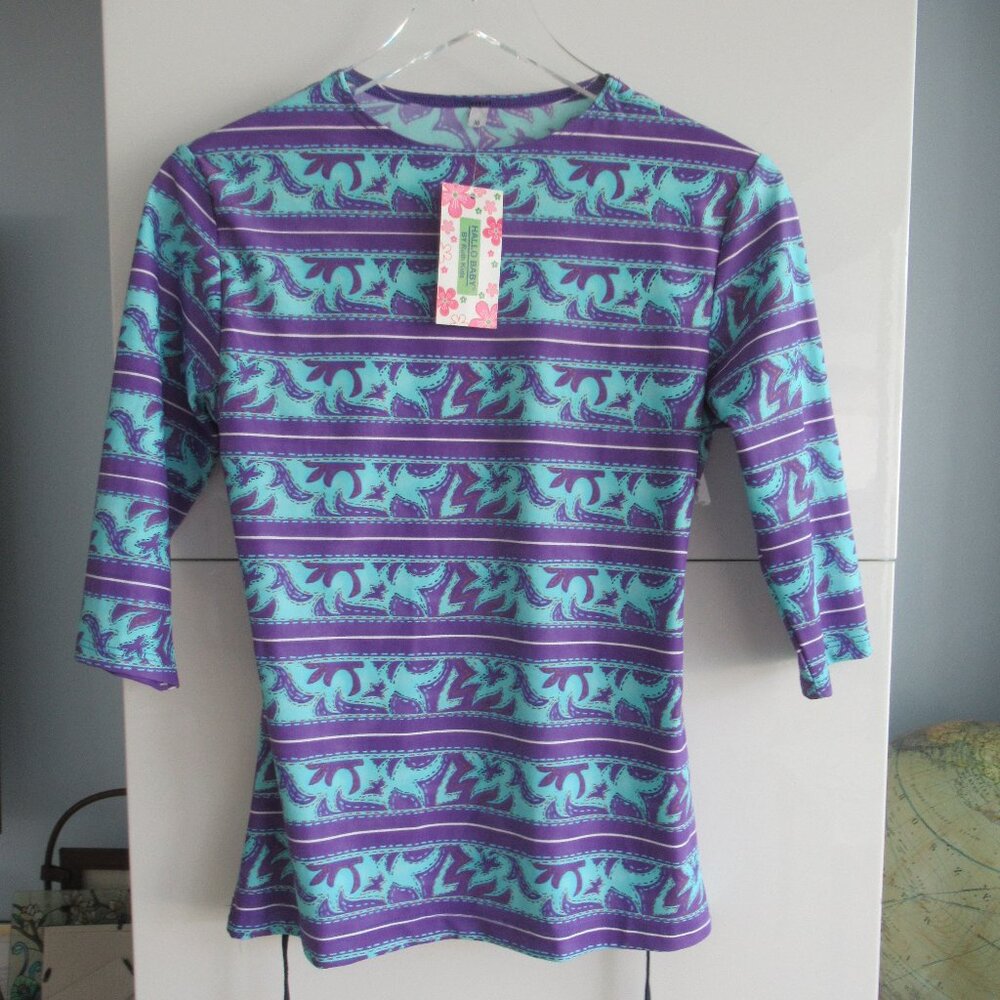 Women's Rash Guard Stripped Floral Size Small Lined at front New w/Tags Aqua